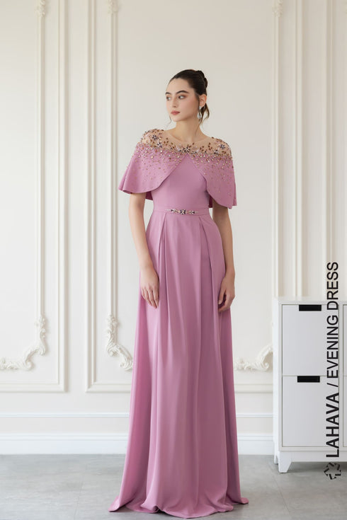 Cape sleeves beaded evening gown